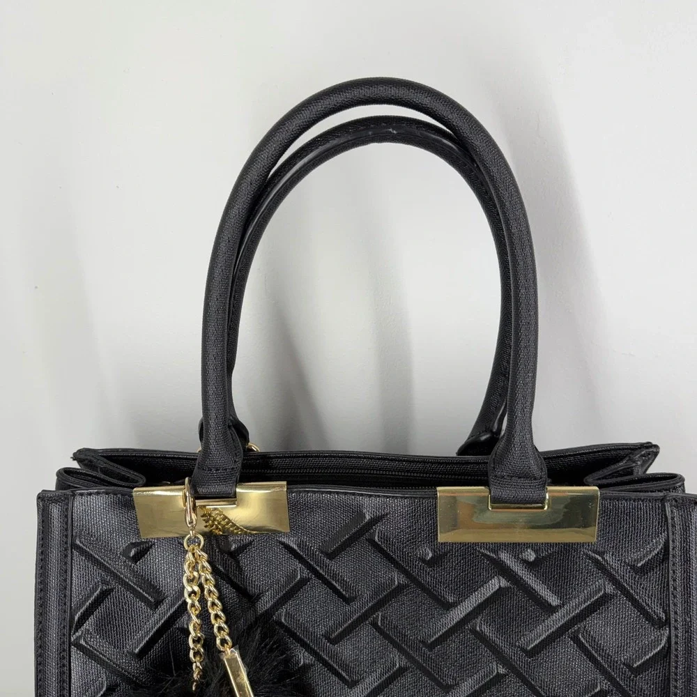 Aldo Black Embossed Geometric Satchel Handbag Gold Hardware Crossbody Bag Medium